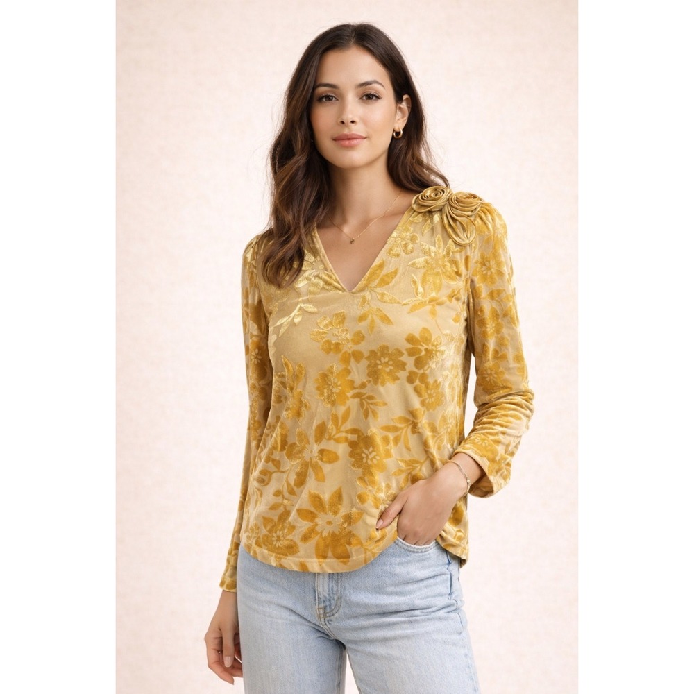 MOTF Gold Floral Velvet Burnout Top V Neck Long Sleeve Boho Luxe Blouse Size S